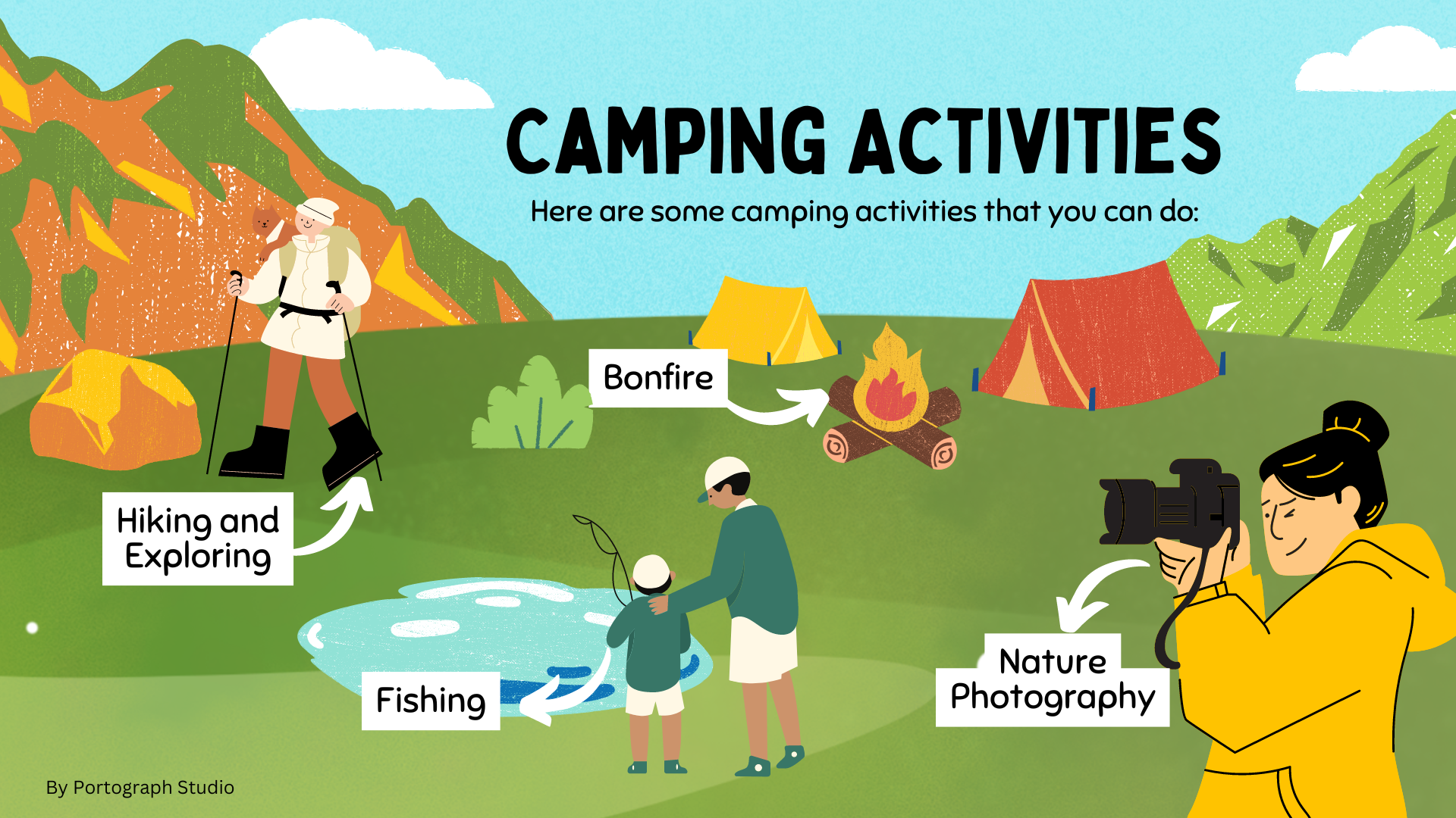 Illustration of Camping Activities such as Hiking and Exploring, Fishing, Bonfire, Nature Photography